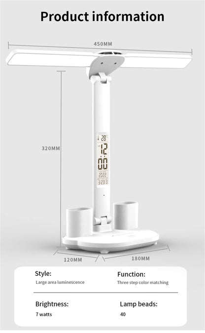 LED Desk Lamp, Dimmable Touch Folding Table Lamp with USB, Calendar, Temperature Clock, Night Light for Study, Reading Lamp