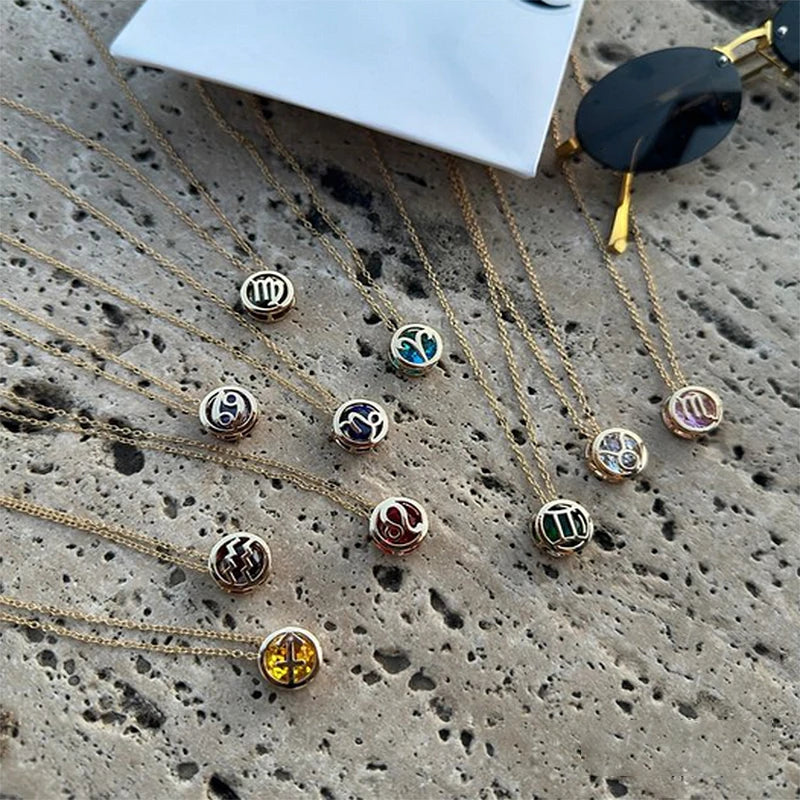 Retro Double-Sided Hollow 12 Constellation Pendant Necklaces for Women, Crystal Rhinestone Birthstone Zodiac Sign Choker