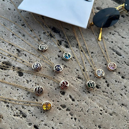 Retro Double-Sided Hollow 12 Constellation Pendant Necklaces for Women, Crystal Rhinestone Birthstone Zodiac Sign Choker