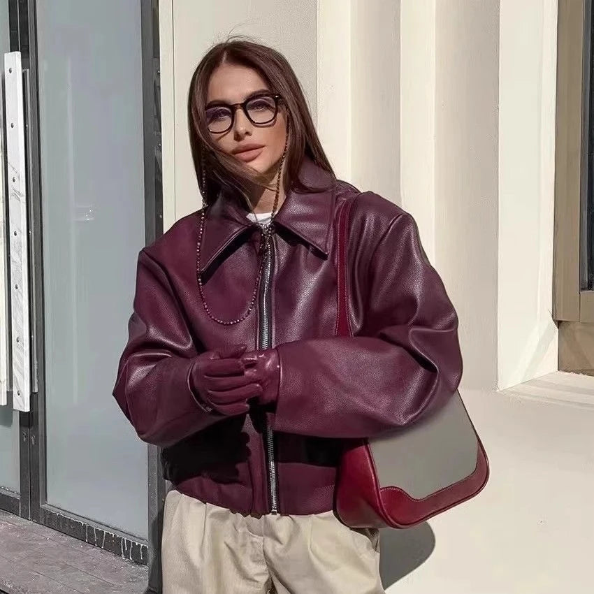 Otoño Invierno chaqueta de cuero Retro 2026 nueva chaqueta de cuero Pu para mujer solapa corta motocicleta abrigo suelto mujer abrigo de cuero de motorista