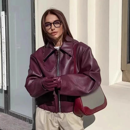 Otoño Invierno chaqueta de cuero Retro 2026 nueva chaqueta de cuero Pu para mujer solapa corta motocicleta abrigo suelto mujer abrigo de cuero de motorista