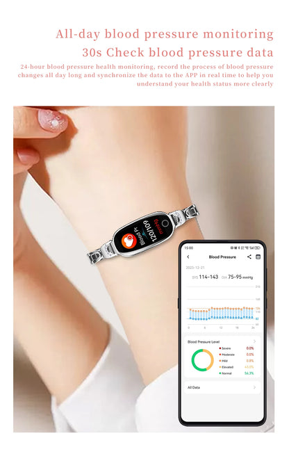 Reloj inteligente de moda para mujer con correa de caja de Metal llamadas Bluetooth recordatorio Menstrual femenino Monitor de presión arterial y frecuencia cardíaca