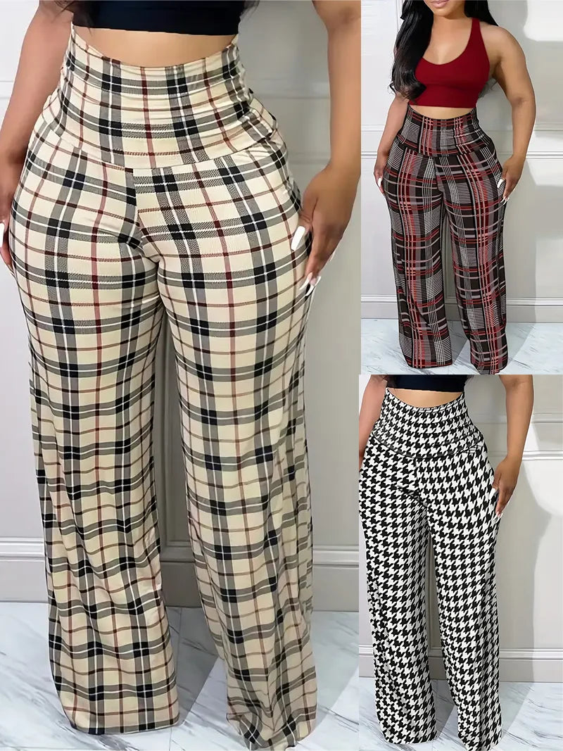 Pantalones de pierna ancha a cuadros para mujer Pantalones sueltos casuales de cintura alta para primavera verano