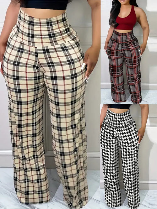 Pantalones de pierna ancha a cuadros para mujer Pantalones sueltos casuales de cintura alta para primavera verano
