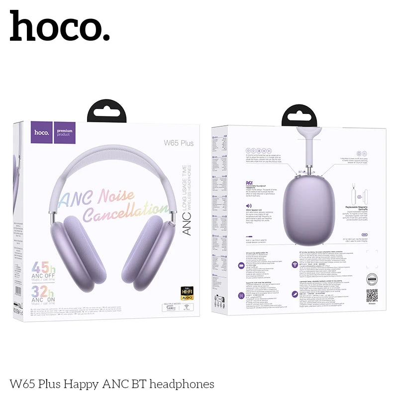 HOCO W65 Plus ANC auriculares Bluetooth con reducción de ruido sobre la oreja auriculares inalámbricos grandes sonidos de alta fidelidad auriculares deportivos con botón