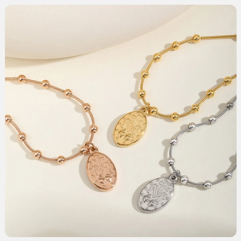 Vnox-pulsera de Rosario para mujer y niña, brazalete de oración de la Virgen María, Cruz religiosa de acero inoxidable chapada en oro, regalos