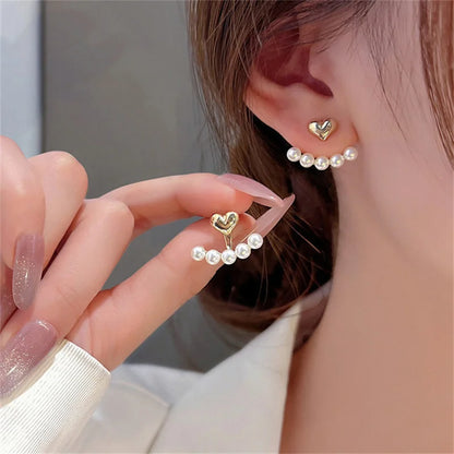 Pendientes coreanos de Metal en forma de corazón, pendientes colgantes en la espalda con perlas de cola de pez para mujeres y niñas, regalo de joyería elegante de cristal 2024