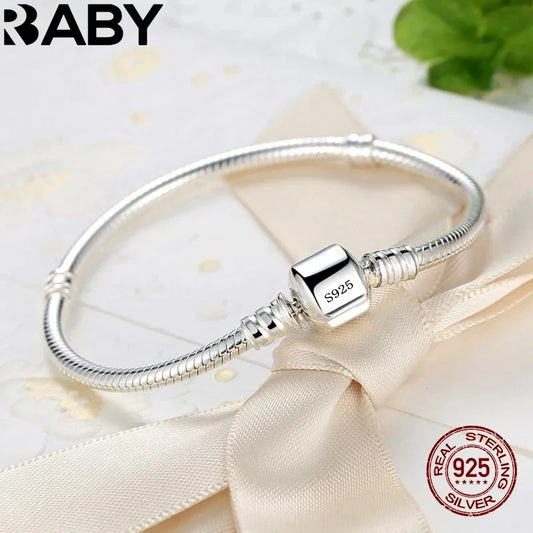 Original handcrafted fine jewelry, 925 sterling silver charm bracelet, smooth snake bone bracelets for women