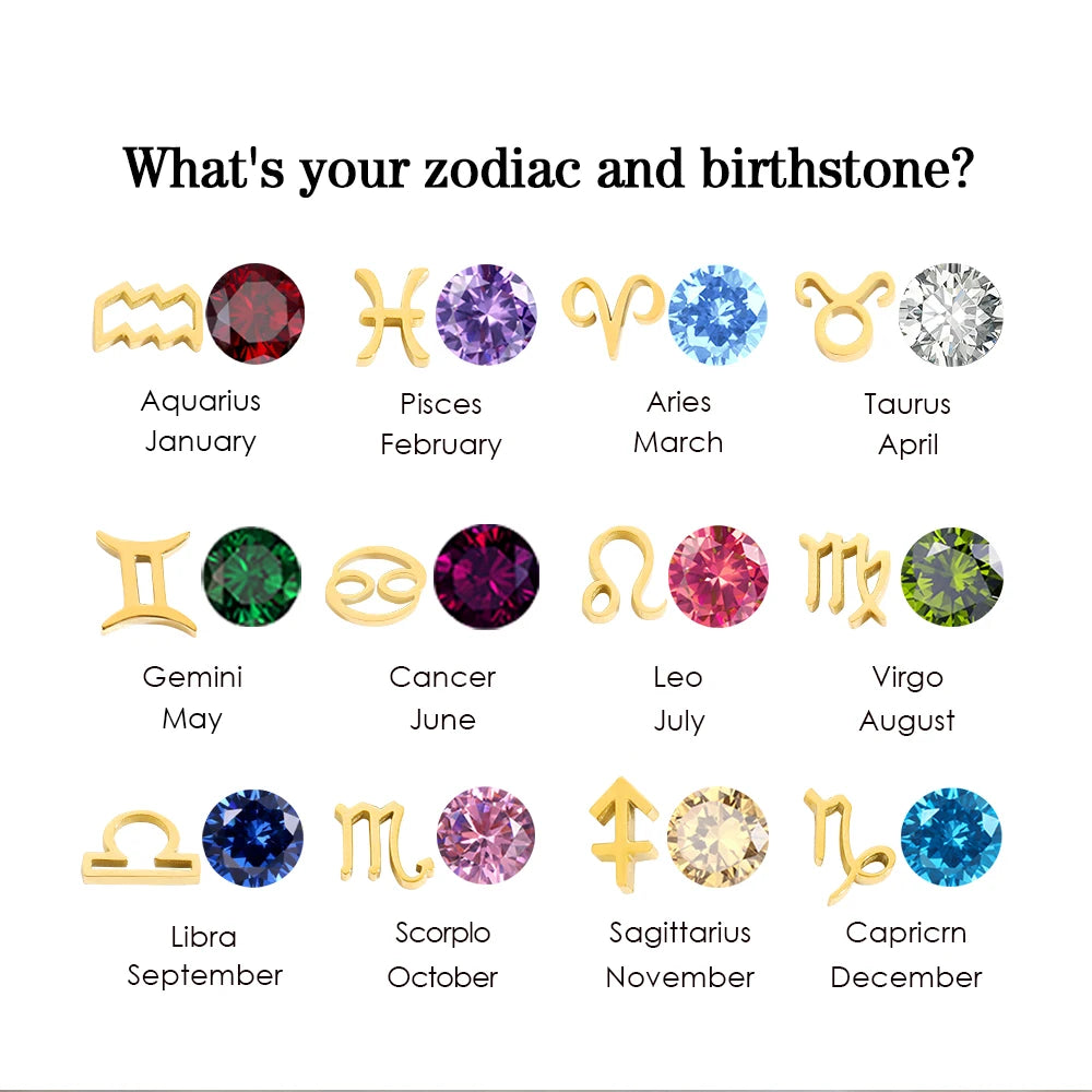 EManco - Birthstone Constellation Double Pendant Necklace, 12 Zircon Stainless Steel Jewelry, DIY Necklace.