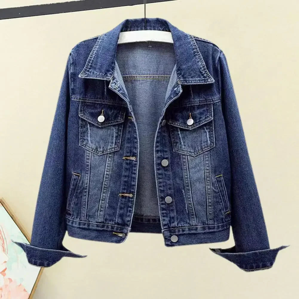 Women's denim jacket, single-breasted chest flap jacket, slim fit long sleeve short coat, retro women's denim jackets, outerwear
