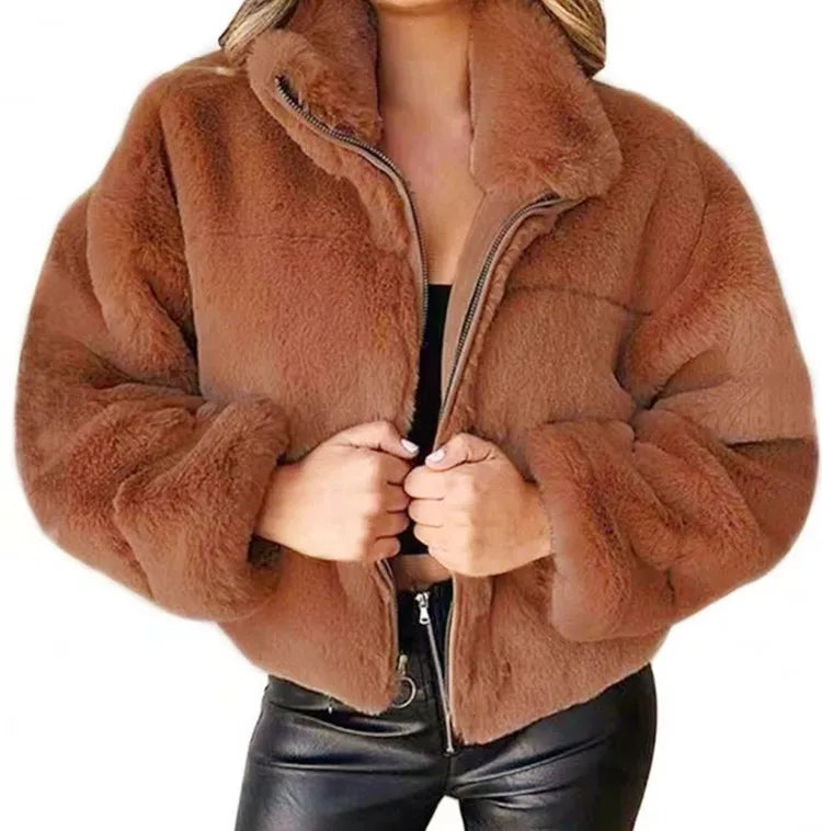 Women's warm winter jacket, zipper cardigan, faux fur, fashion, long sleeve, stand-up collar, plush coat for women