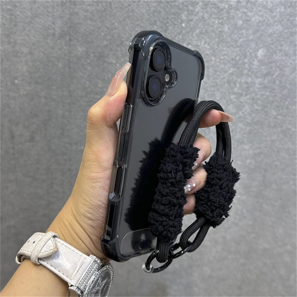 Armadura de parachoques híbrida transparente con correa para la muñeca para iPhone 15 11 12 13 14 16 Pro Max Plus X XS XR cubierta de bolsa de aire a prueba de golpes.