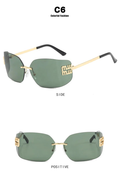 Gafas sin montura de lujo de Metal Funky para mujer, gafas clásicas con remaches de diseñador de marca, gafas de curvas con gradiente rectangular para mujer