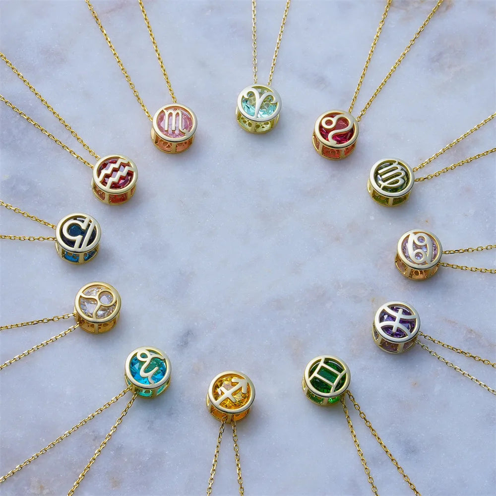 Retro Double-Sided Hollow 12 Constellation Pendant Necklaces for Women, Crystal Rhinestone Birthstone Zodiac Sign Choker