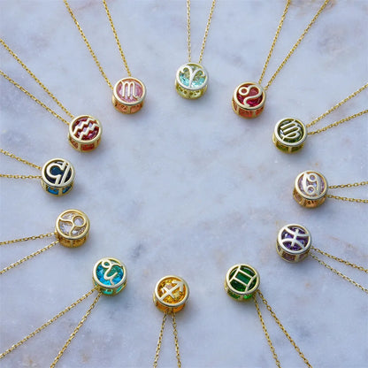 Retro Double-Sided Hollow 12 Constellation Pendant Necklaces for Women, Crystal Rhinestone Birthstone Zodiac Sign Choker