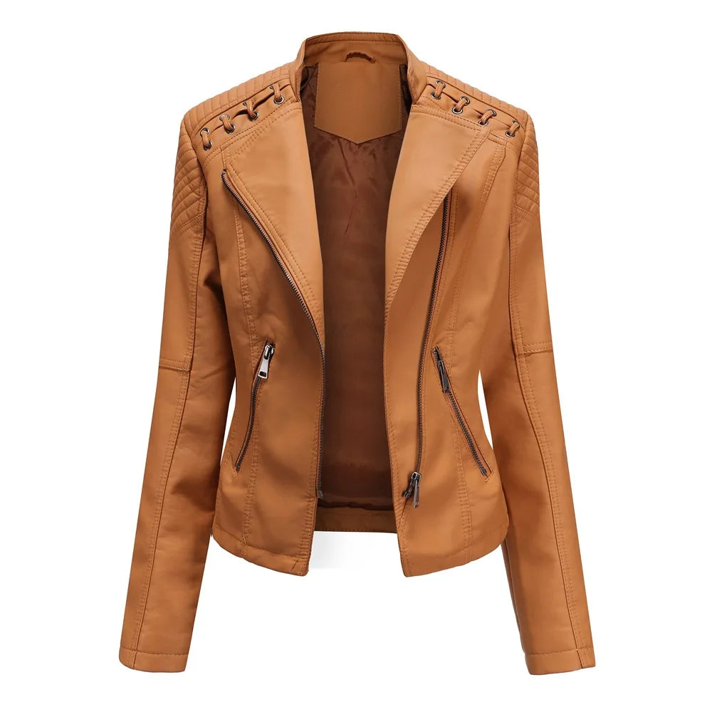 Chaqueta de cuero sintético para mujer, abrigo corto ajustado con cuello levantado y cremallera, ropa de calle para motorista, novedad de primavera y otoño.