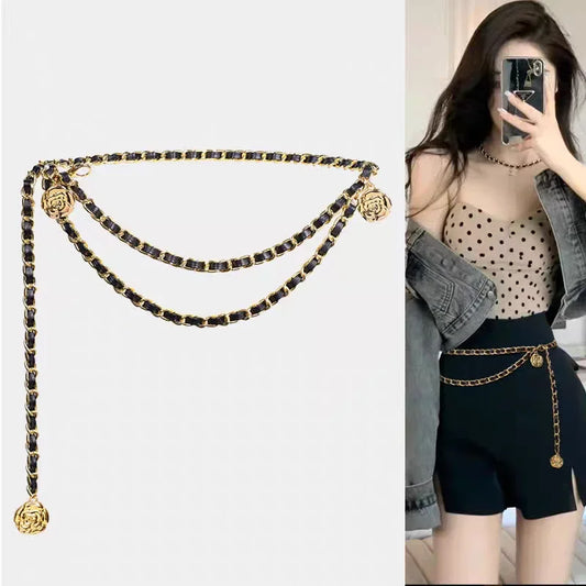 High-Quality Metal Chain Belts for Women, Round Flower Pendant Chain Strap, Rope Thin Waistband for Dress, Shirt Decoration.