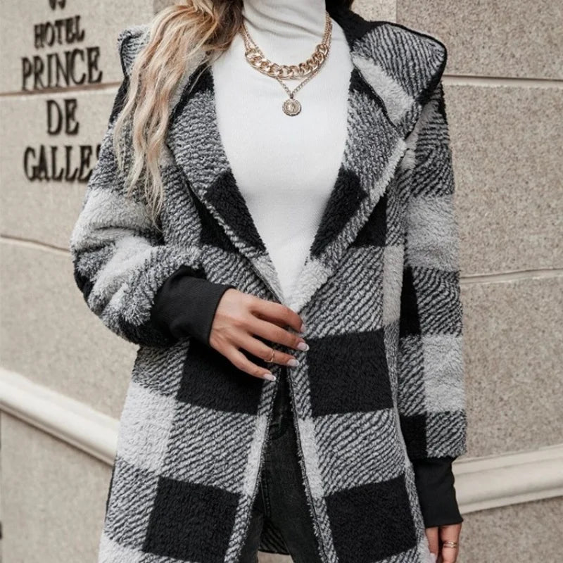 Cárdigan a cuadros de doble lana para mujer, chaqueta suave holgada de manga larga de felpa cálida con capucha, abrigo de retales para mujer, Otoño e Invierno