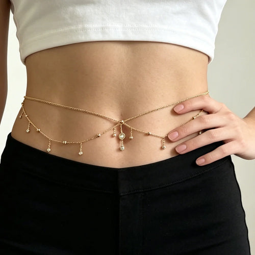 Women's Double-Layer Rhinestone Waist Chain, Elegant Design for Beach Vacations and Parties