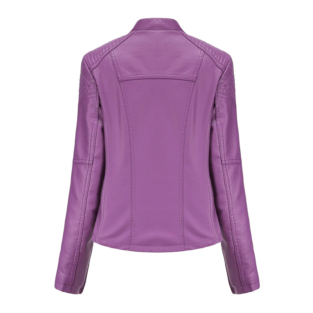 Chaqueta de cuero sintético para mujer, abrigo corto ajustado con cuello levantado y cremallera, ropa de calle para motorista, novedad de primavera y otoño.