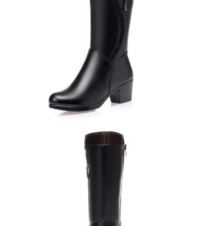 Botas de invierno para Mujer, Botas de nieve cálidas de felpa, Botas de tacón alto a media pantorrilla a la moda para Mujer, Botas de cuero de alta calidad para Mujer