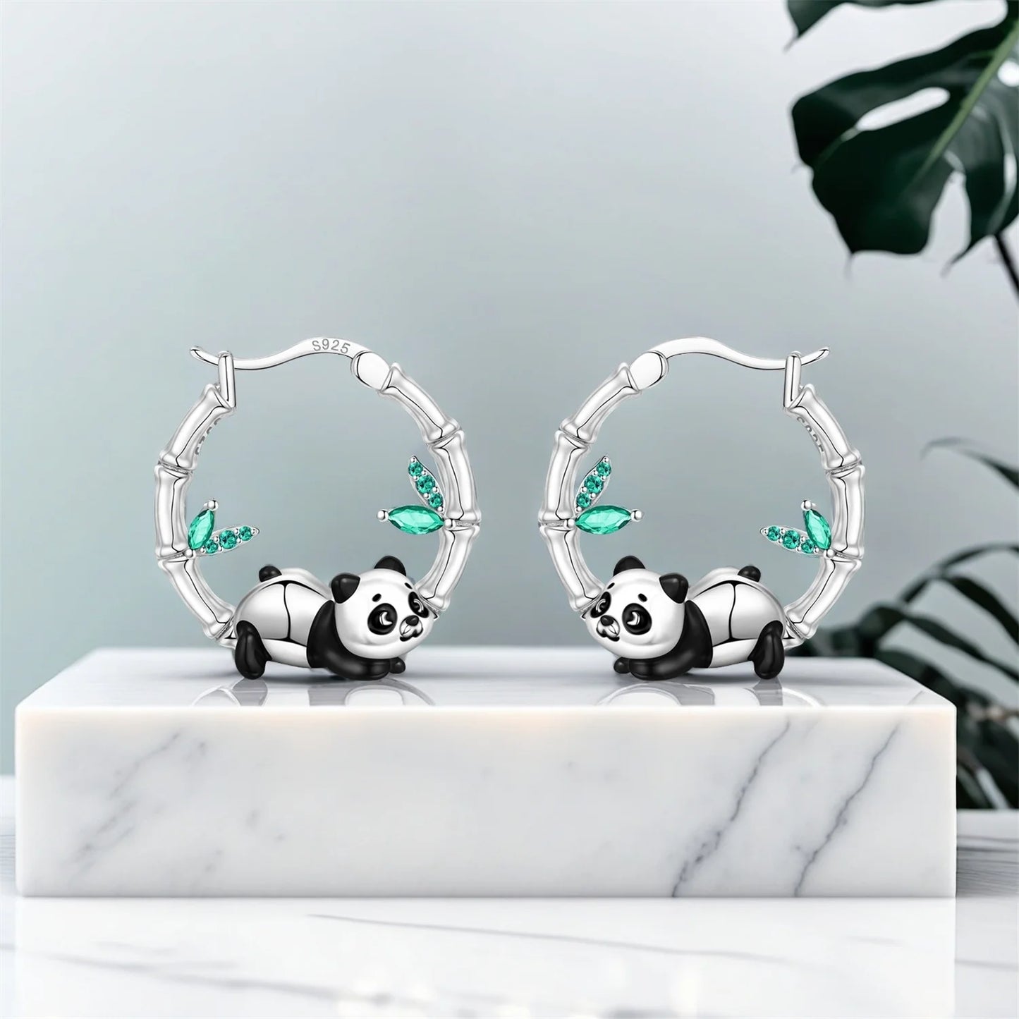 Pendientes de aro de bambú para mujer, de Plata de Ley 925 originales, con bonito Panda, joyería fina, regalos de fiesta de cumpleaños