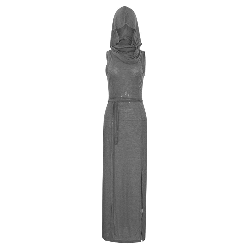 Verano Sexy estilo europeo y americano sin mangas vestido con capucha largo dividido ahueca hacia fuera el vestido de las mujeres de Color puro
