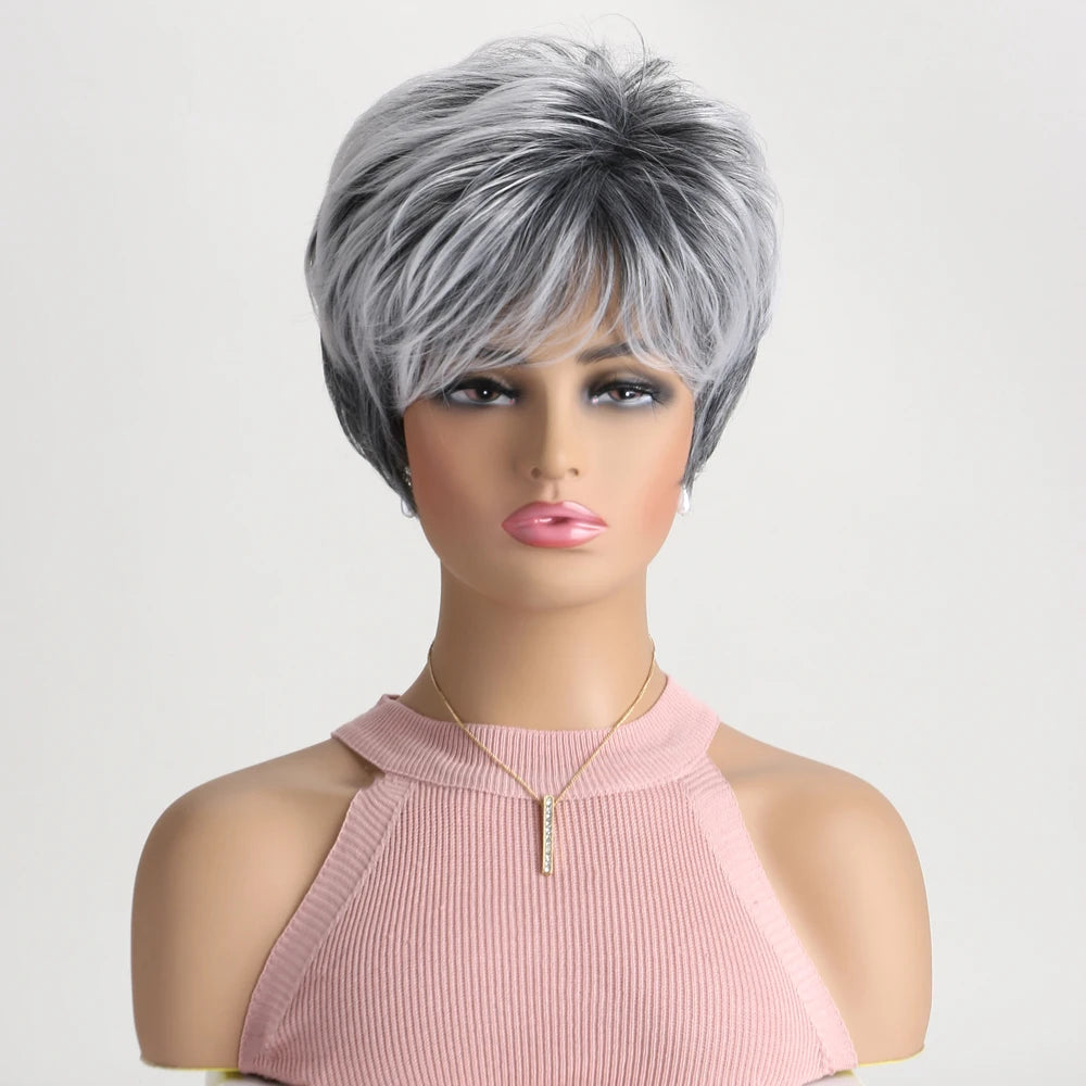 Short natural wigs with bangs, soft hair for mom, daily use, short gray ombre curly synthetic hair, costume party wig for women