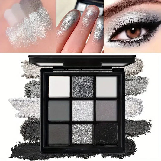 9-Color Eyeshadow Palette: Black Swan, Smoky, Dark Black, Grey Silver Glitter, matte finish, long-lasting and easy to color