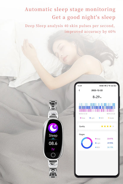 Reloj inteligente de moda para mujer con correa de caja de Metal llamadas Bluetooth recordatorio Menstrual femenino Monitor de presión arterial y frecuencia cardíaca