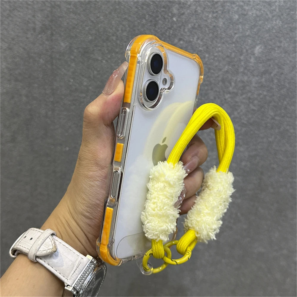 Armadura de parachoques híbrida transparente con correa para la muñeca para iPhone 15 11 12 13 14 16 Pro Max Plus X XS XR cubierta de bolsa de aire a prueba de golpes.