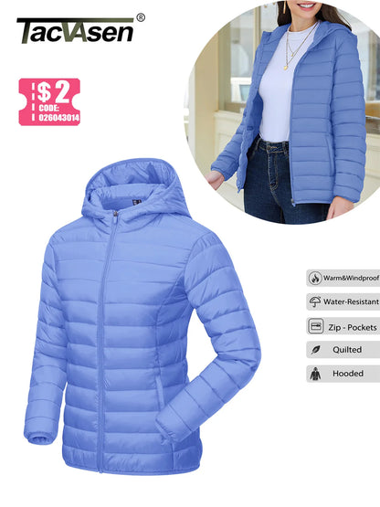 TACVASEN Chaqueta acolchada con capucha y cremallera completa para mujer, abrigos cálidos acolchados de invierno, cortavientos informal, prendas de vestir ligeras acolchadas para exteriores