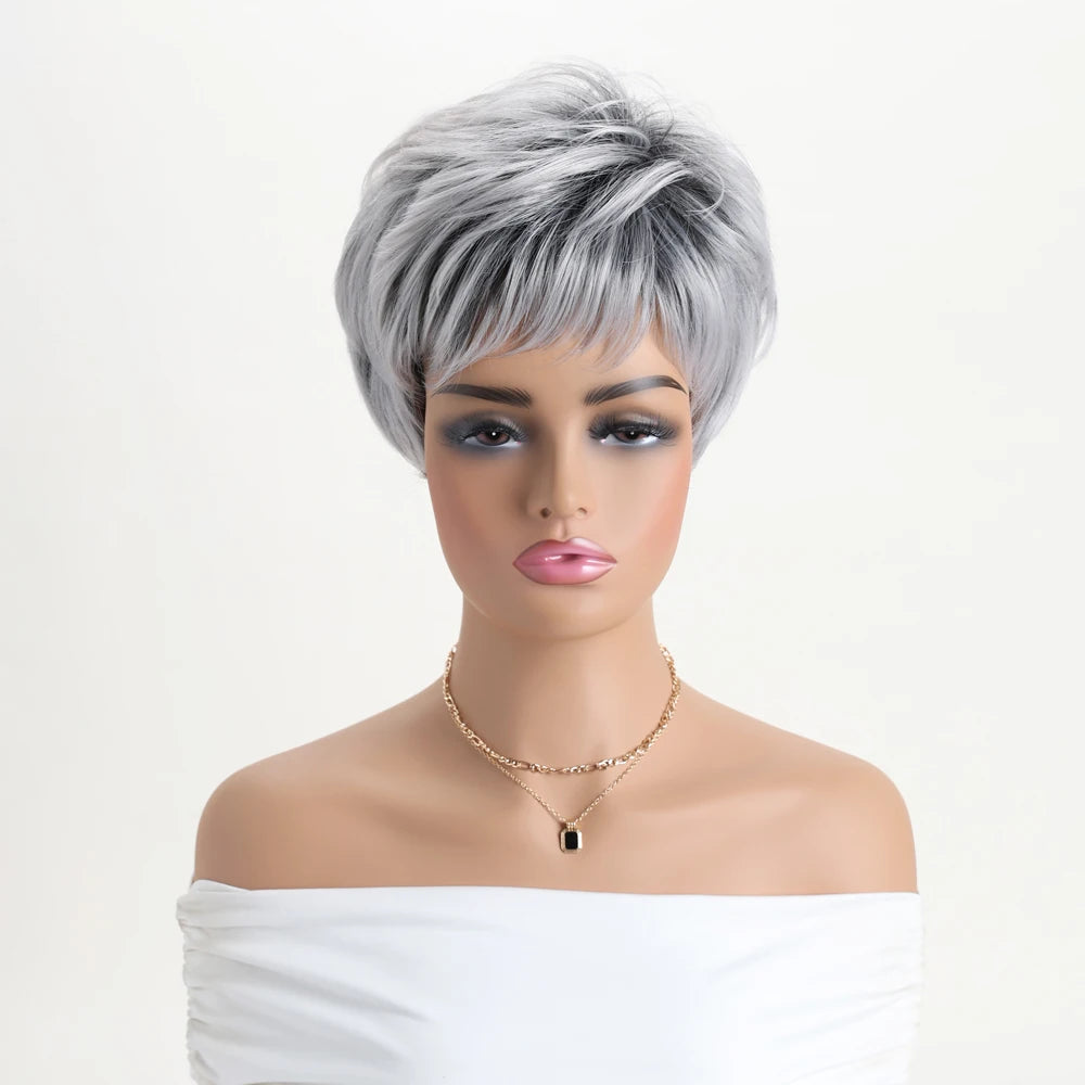 Short natural wigs with bangs, soft hair for mom, daily use, short gray ombre curly synthetic hair, costume party wig for women