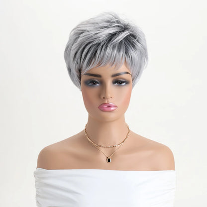 Short natural wigs with bangs, soft hair for mom, daily use, short gray ombre curly synthetic hair, costume party wig for women