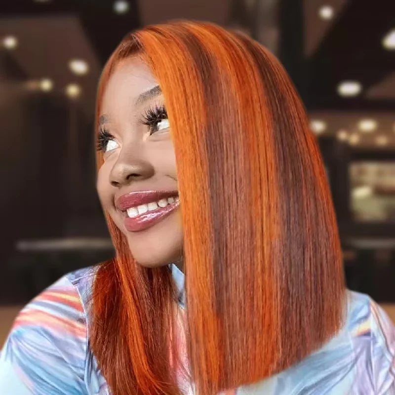 13x4 Straight Lace Front Bob Wig, 100% Human Hair, Silky Ginger Orange, 200% Density, with P4-350 Orange Highlights, Pre-Plucked