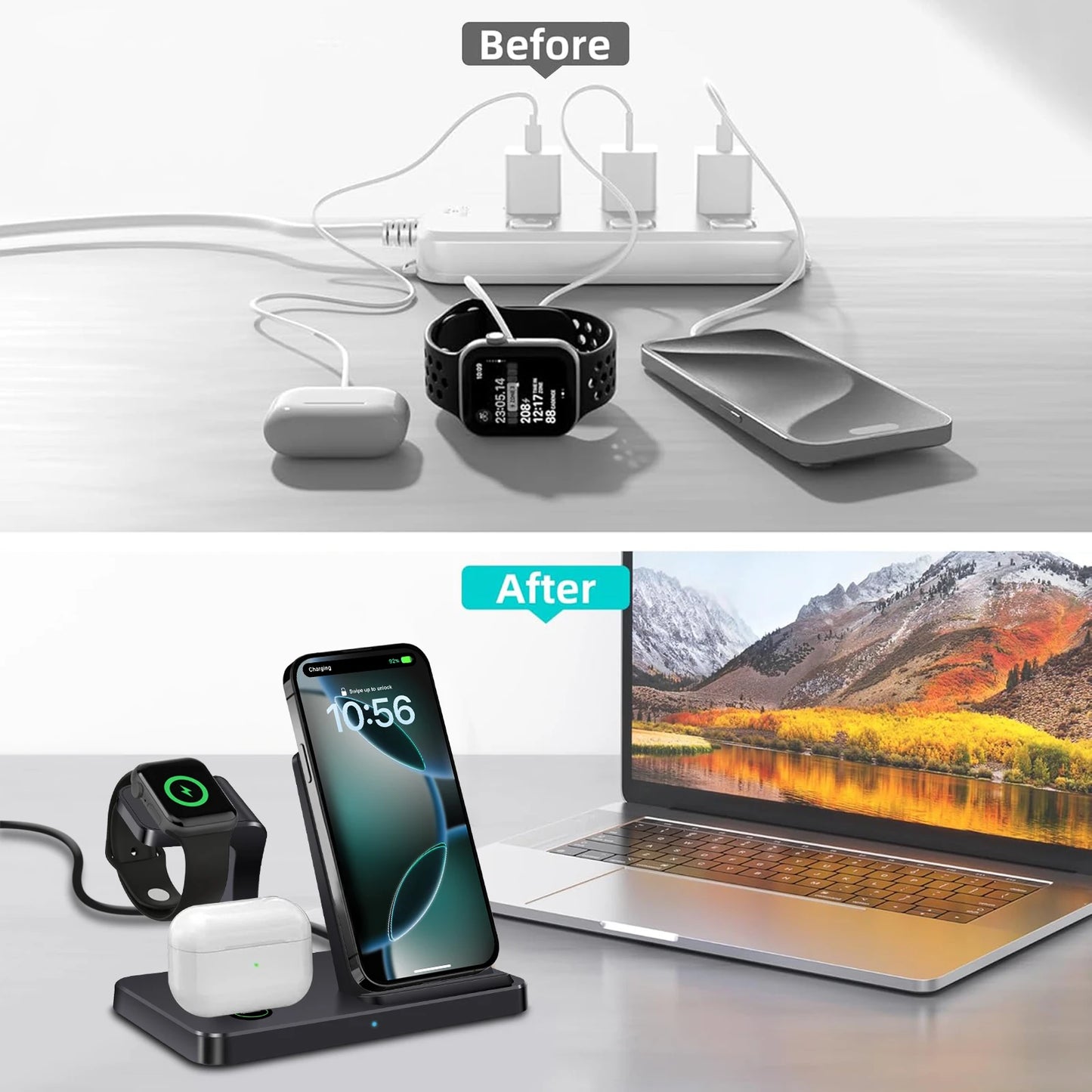 3-in-1 Wireless Charger for iPhone 16, 15, 14, 13, 12 Pro Max, Fast Charging Station for iWatch 10, 9, 8, AirPods 3, Induction Stand