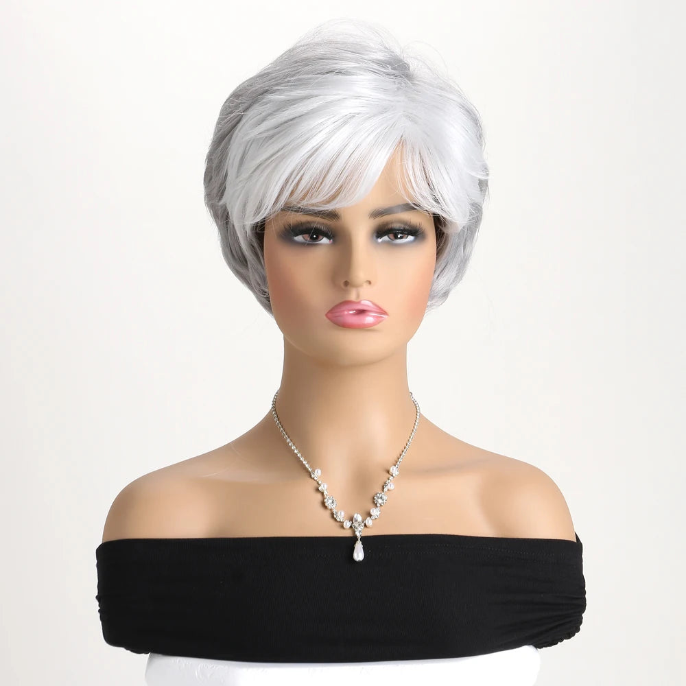 Short natural wigs with bangs, soft hair for mom, daily use, short gray ombre curly synthetic hair, costume party wig for women
