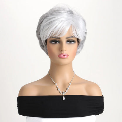 Short natural wigs with bangs, soft hair for mom, daily use, short gray ombre curly synthetic hair, costume party wig for women