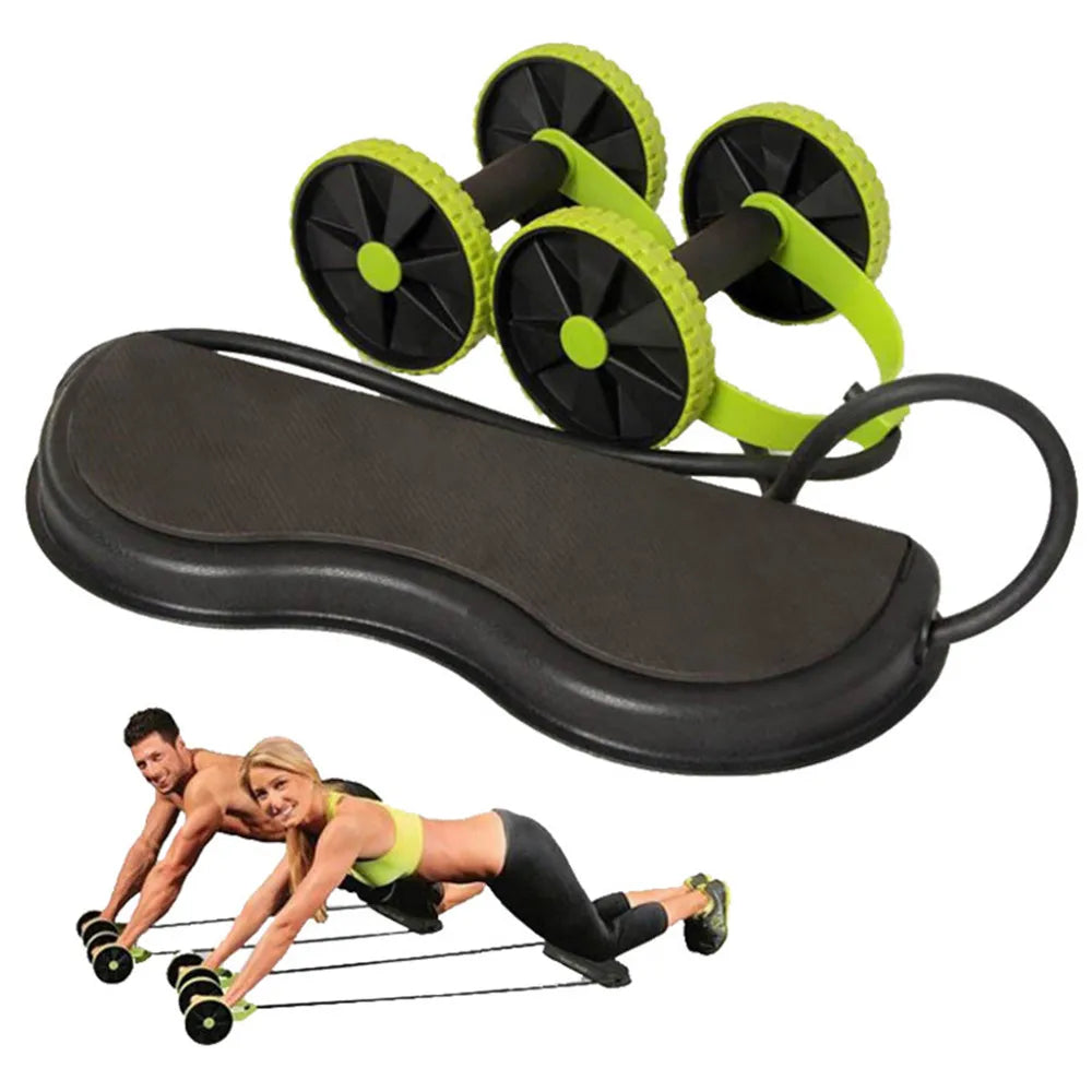 Equipo de ejercicio multifuncional Abdominal, rueda de doble rodillo con bandas de resistencia, estera para rodilla, tren de adelgazamiento de cintura, gimnasio en casa