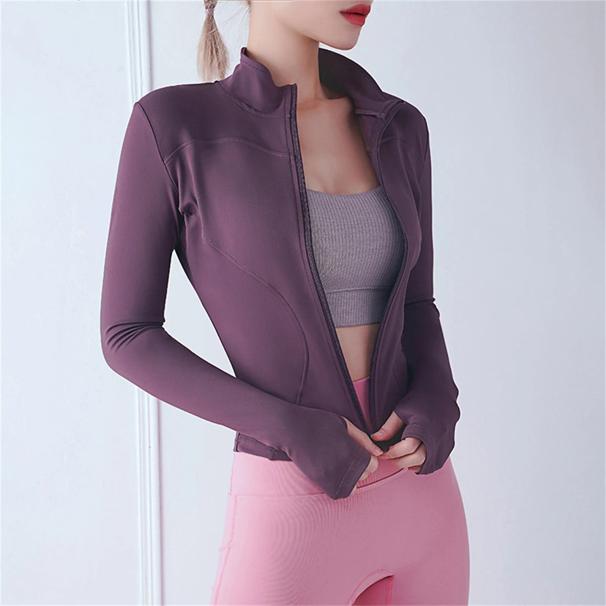 Women's Zippered Sports Jacket, Long Sleeve Slim Running Fitness Top, Quick Dry Plain Yoga Coat, Simple Casual Wear