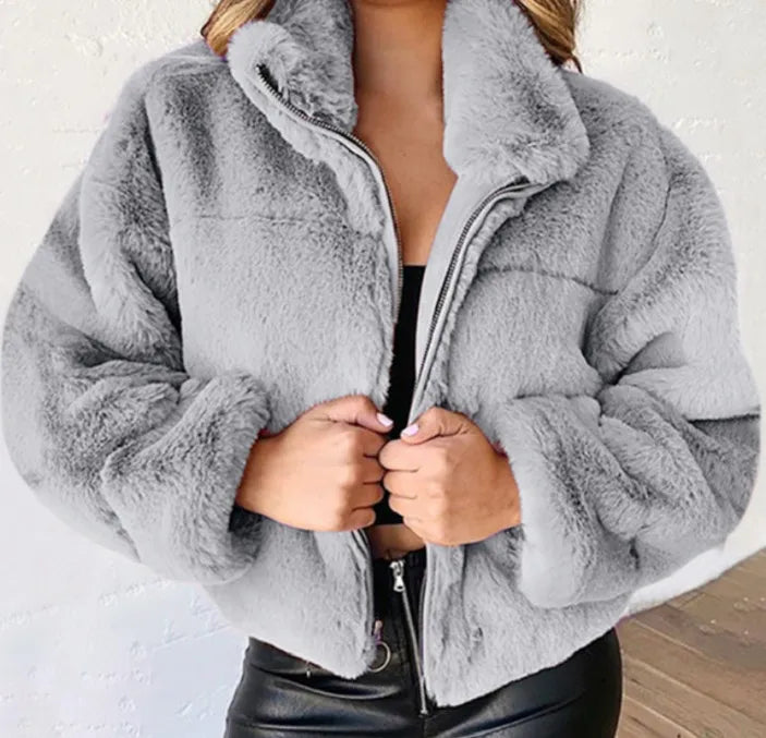 Women's warm winter jacket, zipper cardigan, faux fur, fashion, long sleeve, stand-up collar, plush coat for women