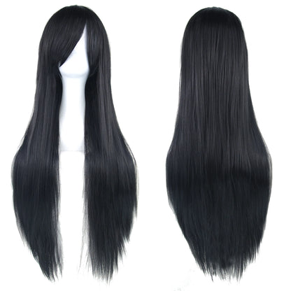 Soowee 80cm Synthetic Hair Wigs, White and Purple Cosplay Wigs, Black Straight Hair Wig for Party, Women's Wig.