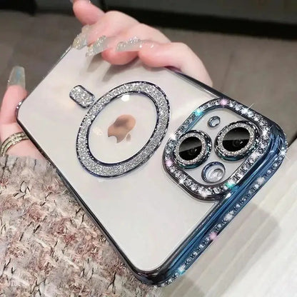 Funda de película de lente de cristal ostentoso de lujo para iPhone 15 16 11 12 13 14 Pro Max 16 Plus Magsafe cubierta transparente de carga inalámbrica magnética