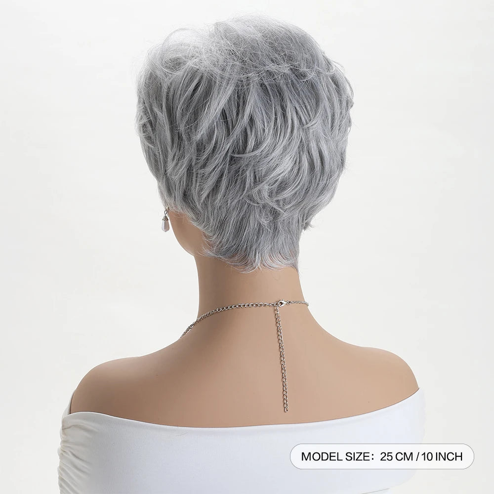 Short natural wigs with bangs, soft hair for mom, daily use, short gray ombre curly synthetic hair, costume party wig for women