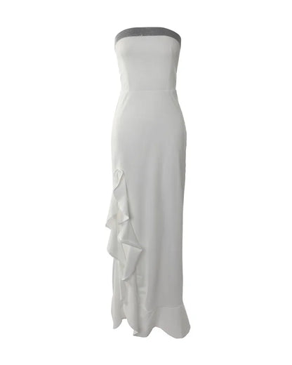 Elegant white ruffled strapless women's dress with high side slit, irregular maxi bodycon knee-length dress, sexy evening party dress