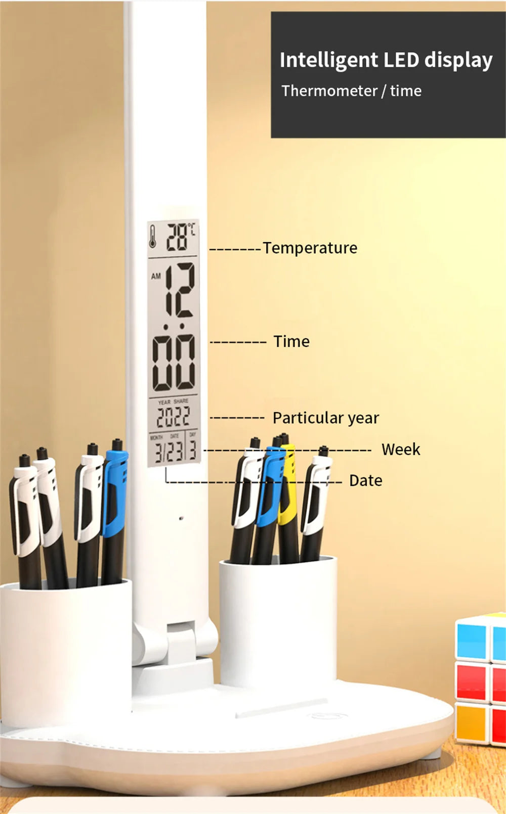 LED Desk Lamp, Dimmable Touch Folding Table Lamp with USB, Calendar, Temperature Clock, Night Light for Study, Reading Lamp