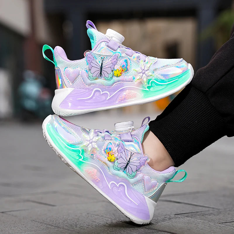 Cute Sneakers for Girls, Pink and Purple Butterfly Print Kids' Shoes, School Athletic Running Trainers, Girls' Sports Shoes
