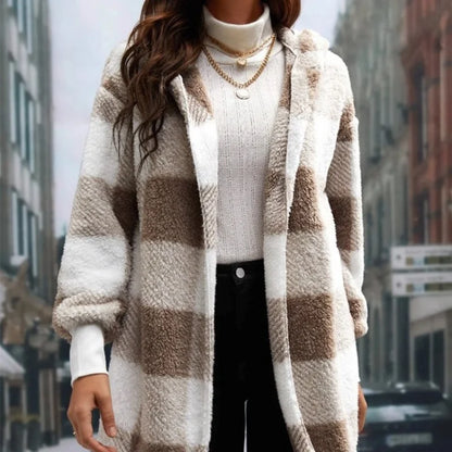Cárdigan a cuadros de doble lana para mujer, chaqueta suave holgada de manga larga de felpa cálida con capucha, abrigo de retales para mujer, Otoño e Invierno