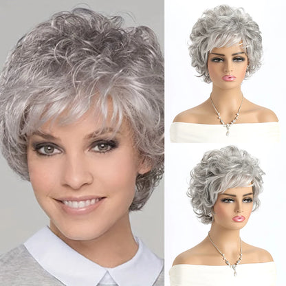 Short natural wigs with bangs, soft hair for mom, daily use, short gray ombre curly synthetic hair, costume party wig for women