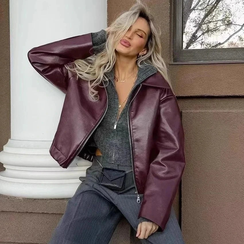 Otoño Invierno chaqueta de cuero Retro 2026 nueva chaqueta de cuero Pu para mujer solapa corta motocicleta abrigo suelto mujer abrigo de cuero de motorista